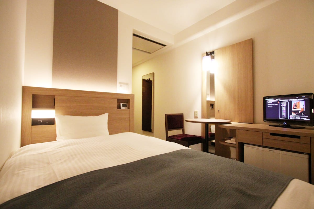 A hotel room with a bed, a desk, a television, and a mirror.