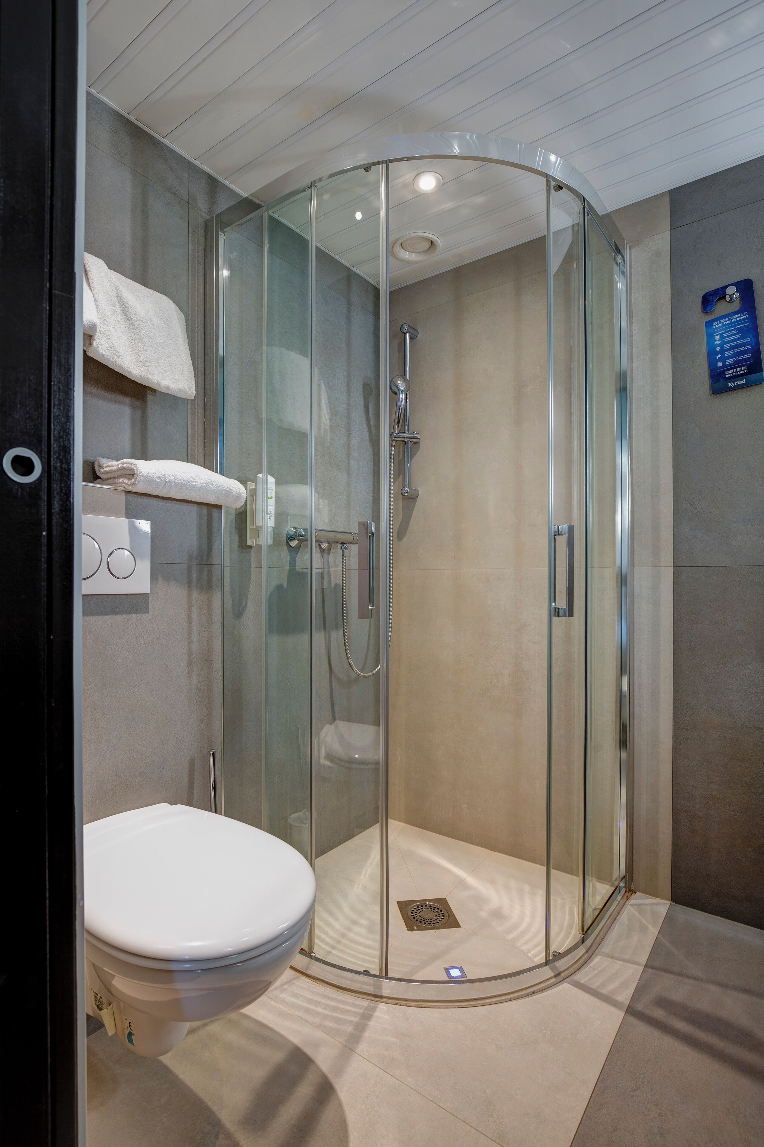 A modern bathroom with a glass-enclosed shower, a white toilet, and a towel rack.