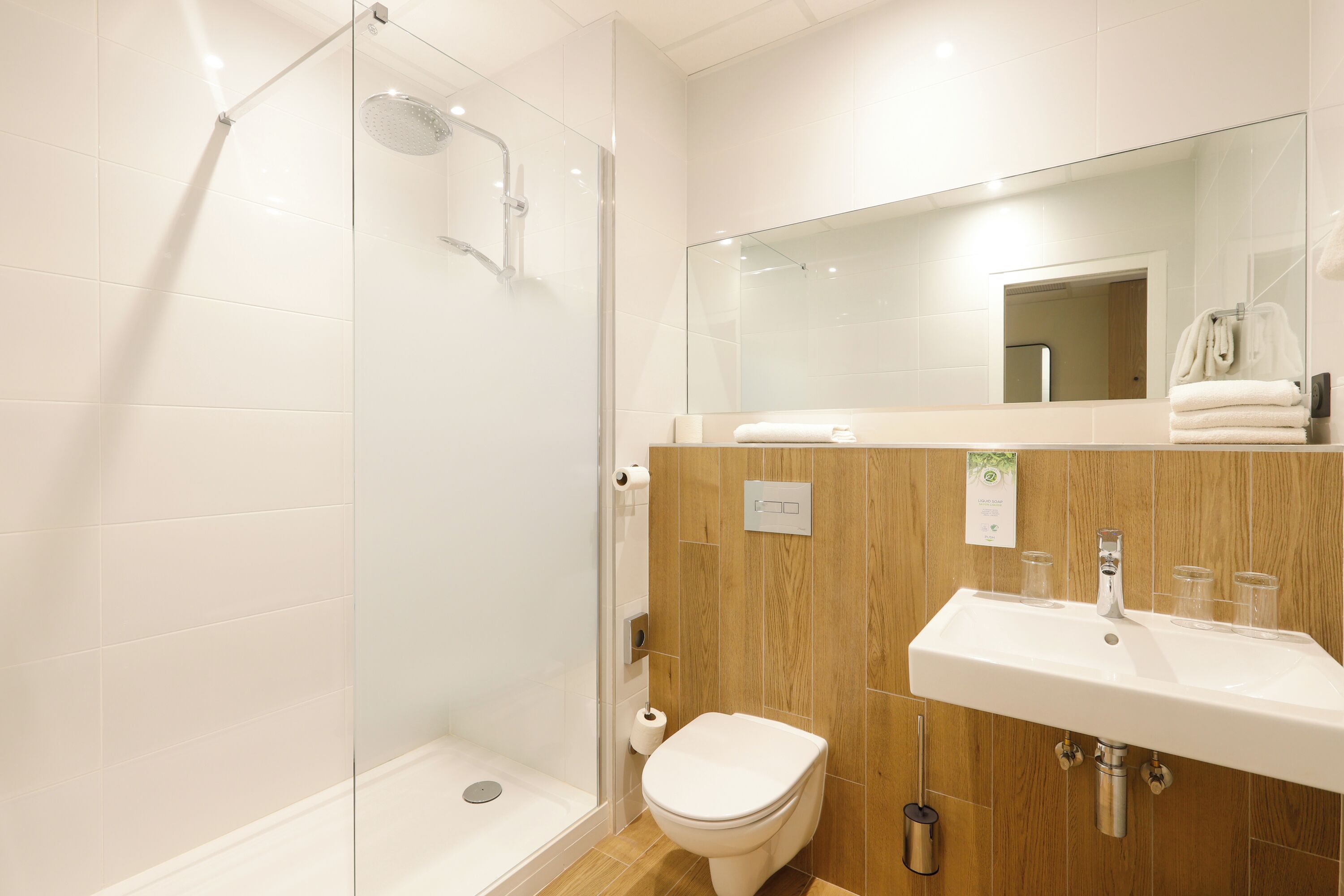 A modern bathroom with a glass shower enclosure, a white toilet, and a sink with a mirror above it.