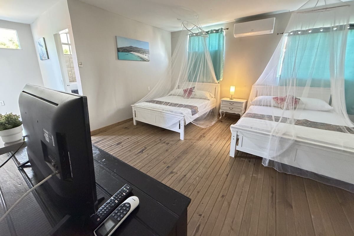 Una habitación con dos camas, un televisor y un control remoto.