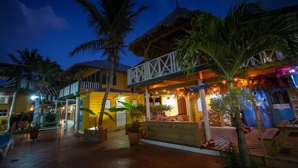 A tropical resort with a thatched-roof building, wooden deck, and palm trees. - Rancho El Sobrino (Sabana Westpunt)