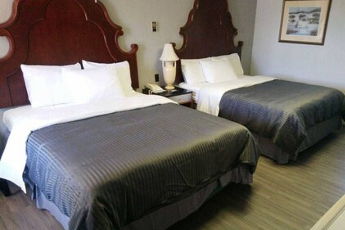 A hotel room with two beds, wooden headboards, a nightstand, a lamp, and a framed picture on the wall.