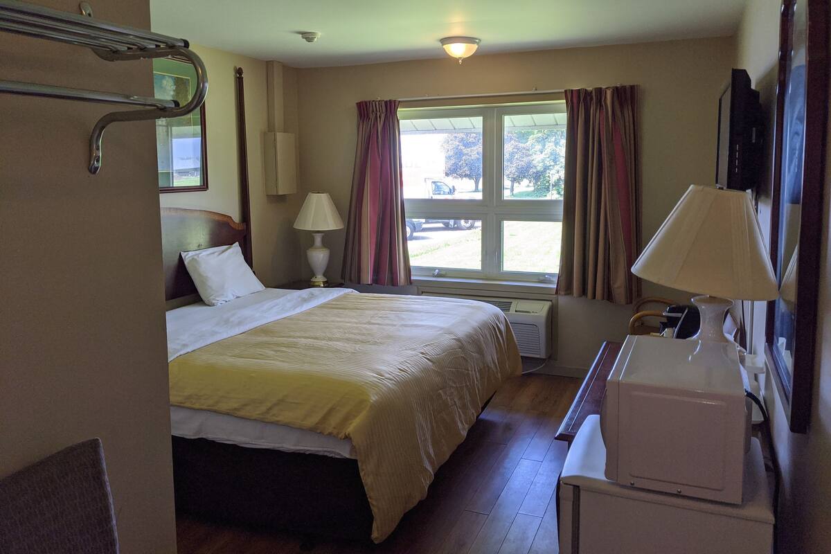 A hotel room with a bed, bedside lamp, window with curtains, and a television on the wall.