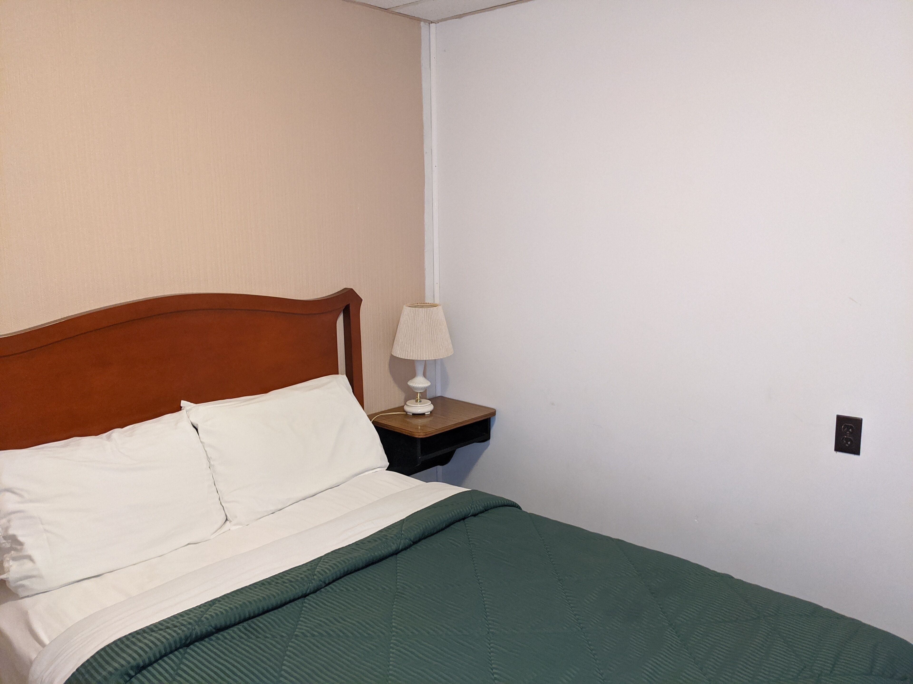 Una cama bien hecha con cabecera de madera, colcha verde y almohada blanca. Se observa una mesita de noche con una lámpara y un enchufe en la pared.