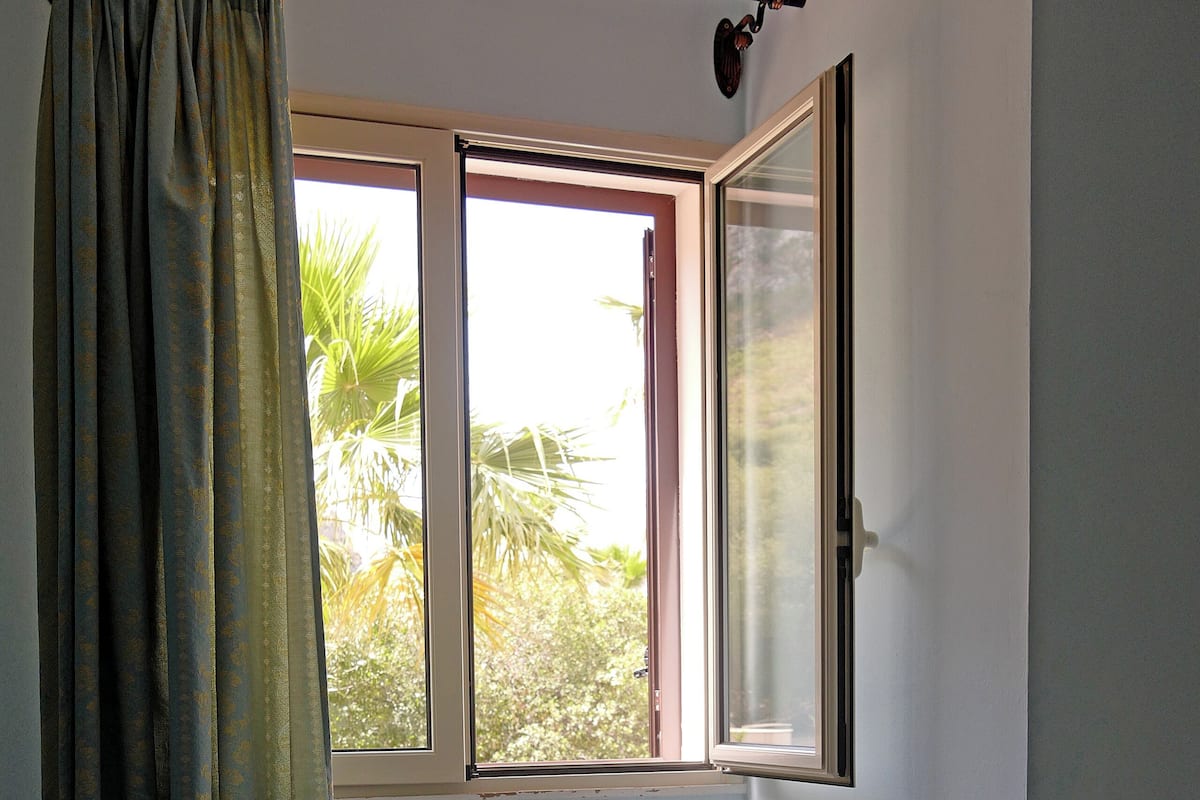 A room with a bed, a chair, a window with a view of palm trees, and a curtain.