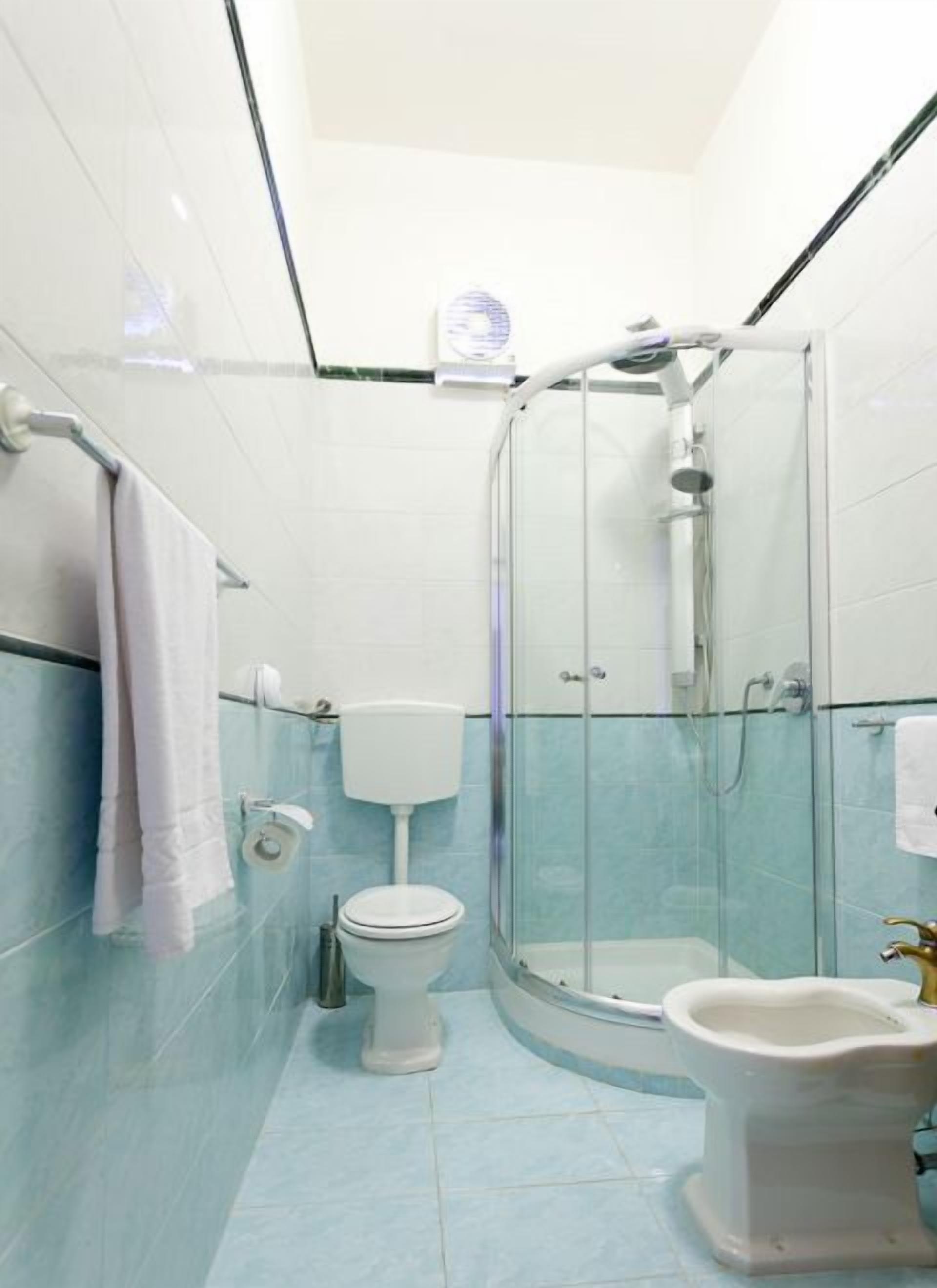 A bathroom with a glass-enclosed shower, a toilet, and a bidet.