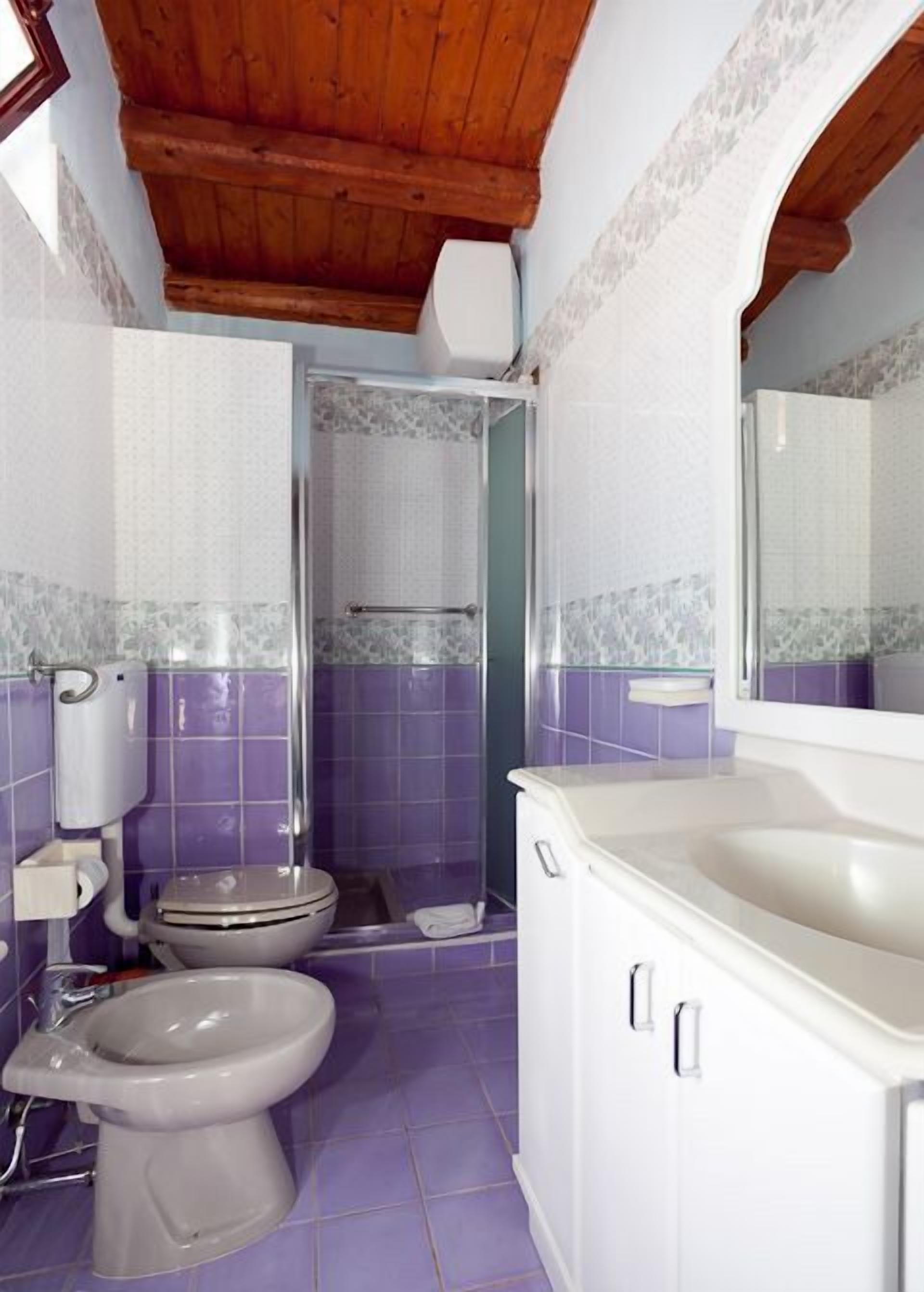 Kylpyhuone, jossa on wc, bidee ja pesuallas. Kylpyhuoneen seinät on laatoitettu violetilla värillä, ja katossa on näkyvät puupalkit.