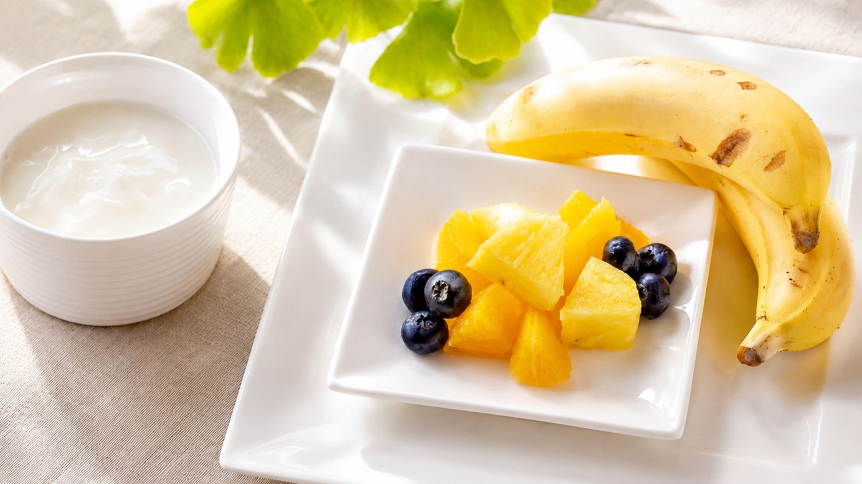 Un plato con una banana, piña y arándanos, y un tazón de yogur.