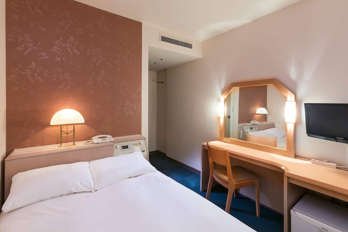 A hotel room with a bed, desk, chair, TV, and a phone.