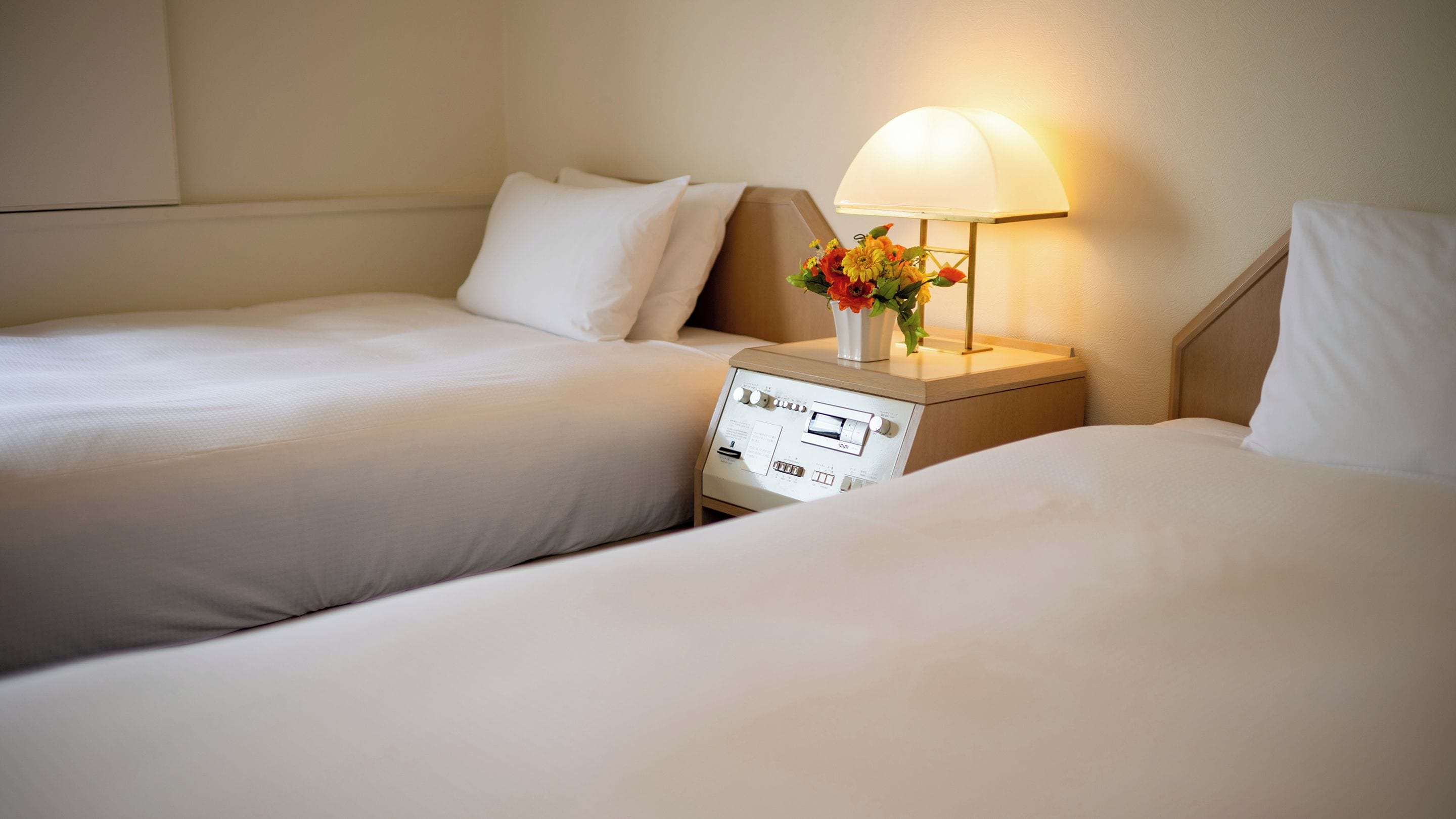 A hotel room with two beds, a bedside table with a lamp, and a control panel.