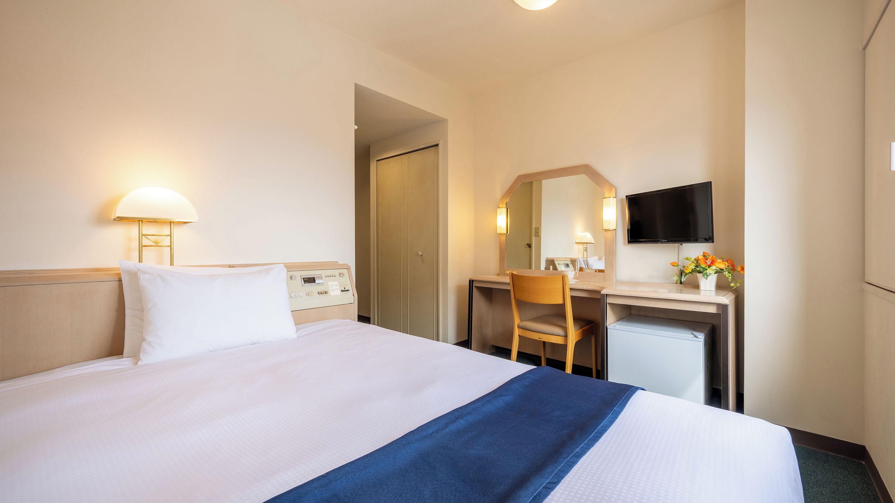 A hotel room with a bed, a desk, a chair, a television, and a lamp.