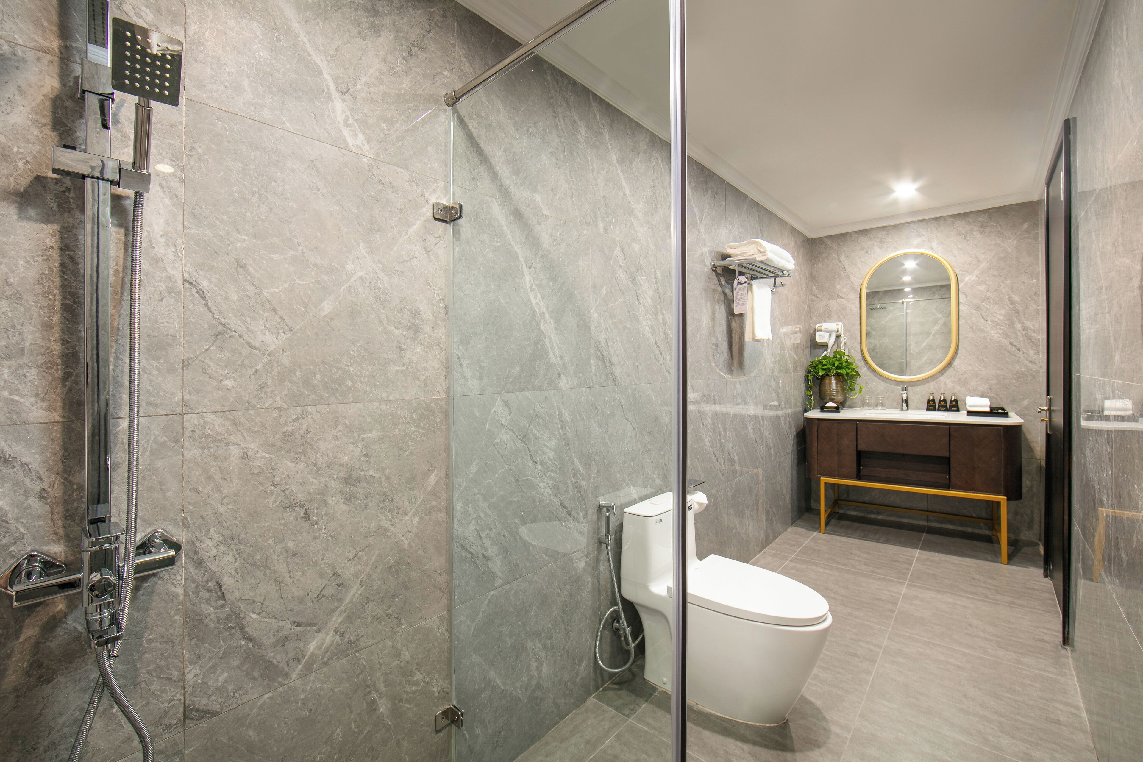 A modern bathroom with a glass-enclosed shower, a white toilet, and a wooden vanity with a mirror.