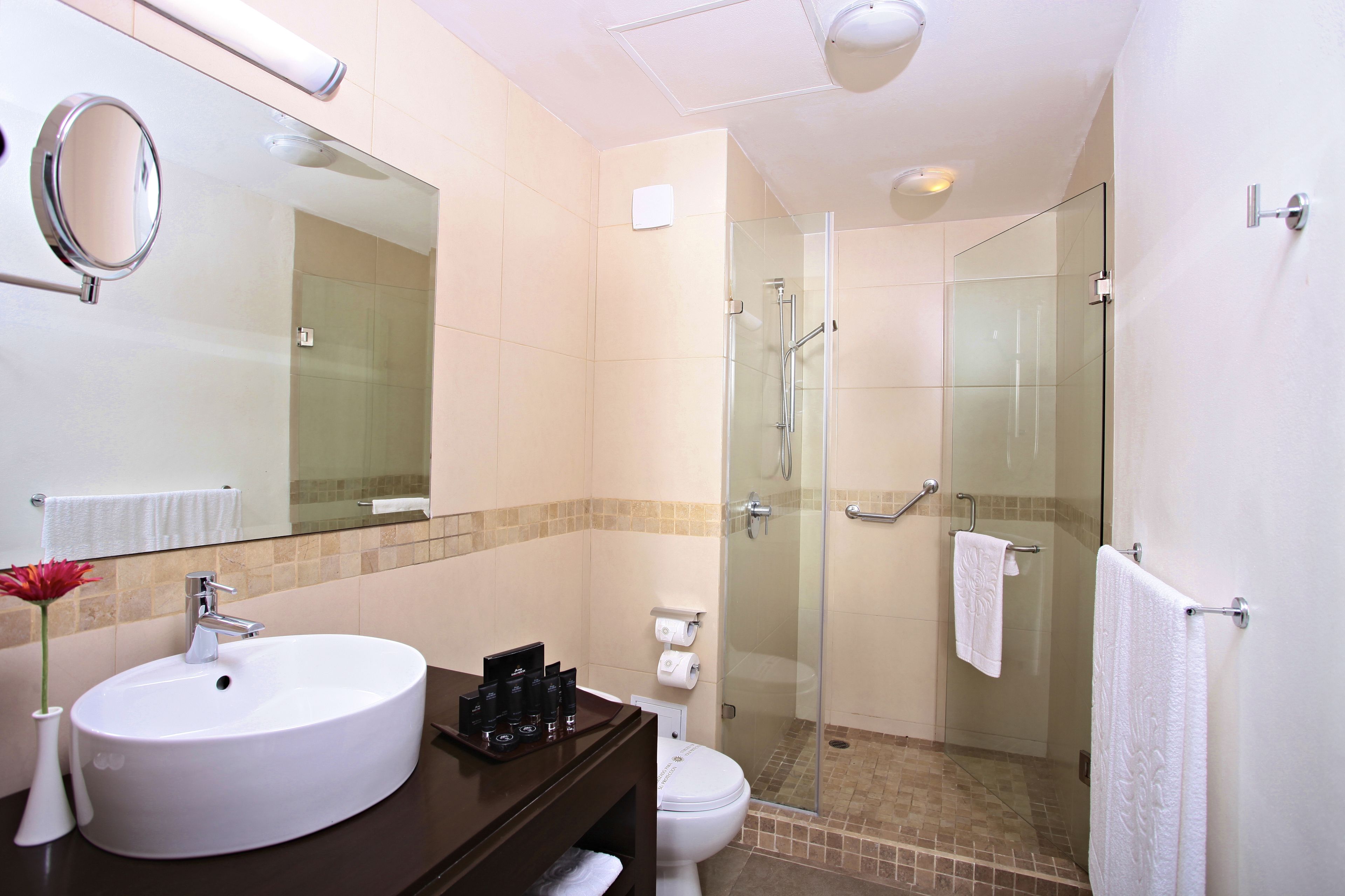Une salle de bain avec un grand miroir, un lavabo, des toilettes et une douche à parois de verre.