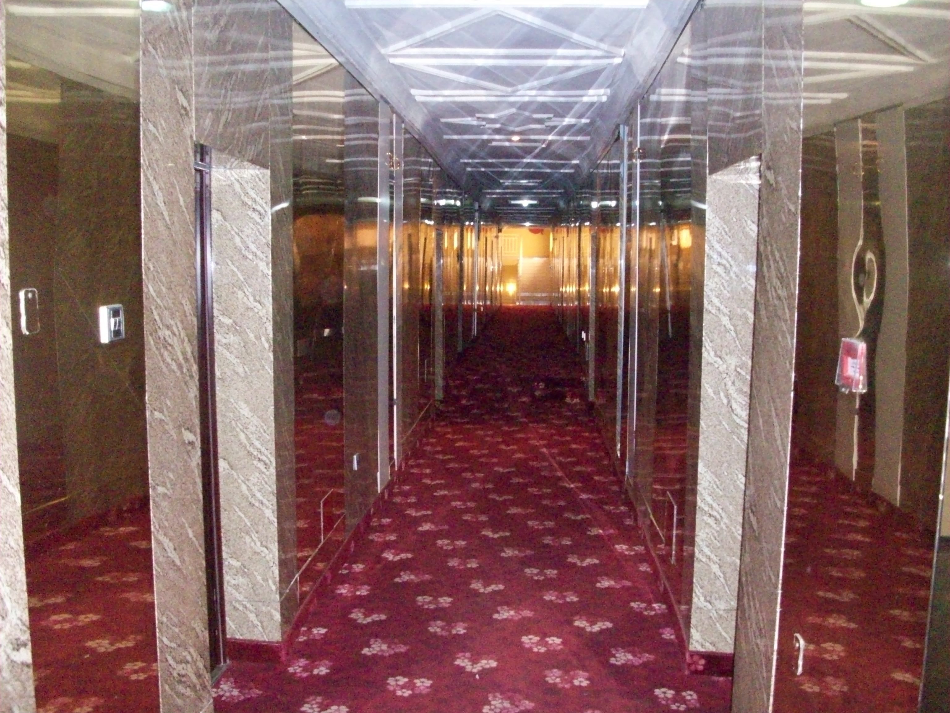 A hotel corridor with a red carpet, glass walls, and a ceiling with linear lighting.