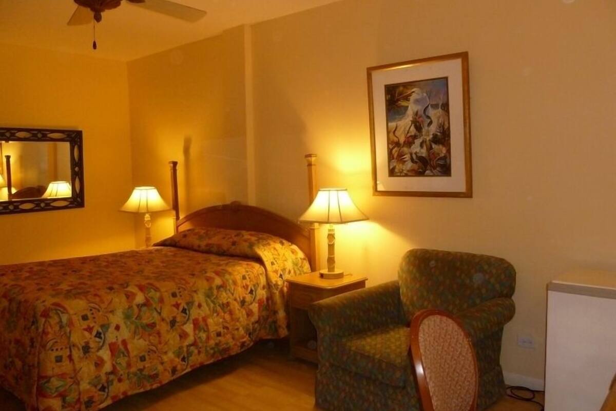 Une chambre d’hôtel avec un lit, deux lampes de chevet, une chaise, une petite table, un ventilateur de plafond, un tableau encadré au mur et un réfrigérateur blanc.