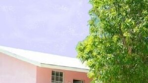 A two-story building with a pink exterior, a wooden staircase, and a tree in the foreground. - Orchard Garden Hotel & Suites (Nassau)