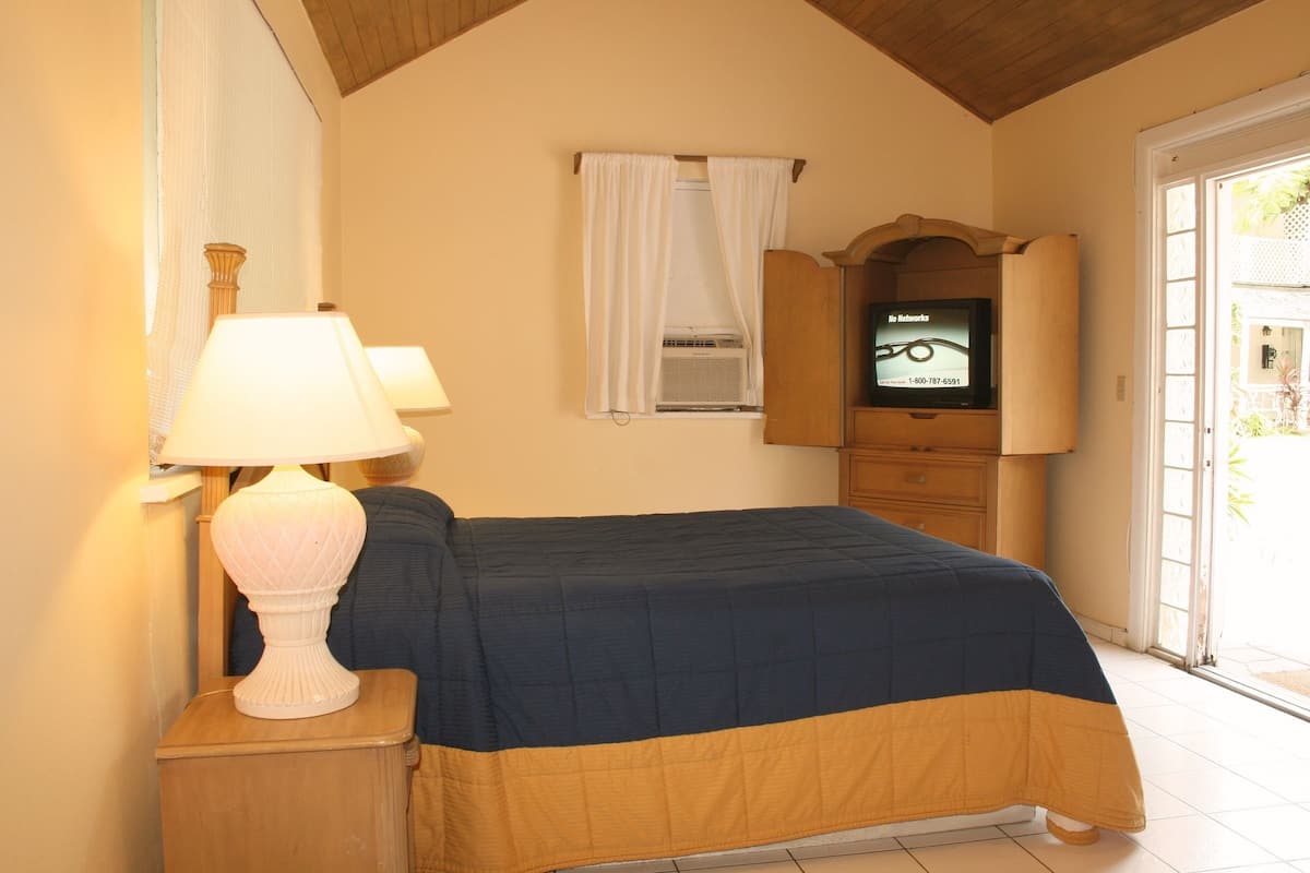 Une chambre à coucher avec un lit, une télévision, une lampe et une fenêtre avec des rideaux.