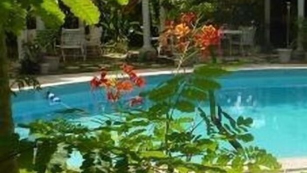 A swimming pool surrounded by lush greenery and a covered patio area. - Orchard Garden Hotel & Suites (Nassau)
