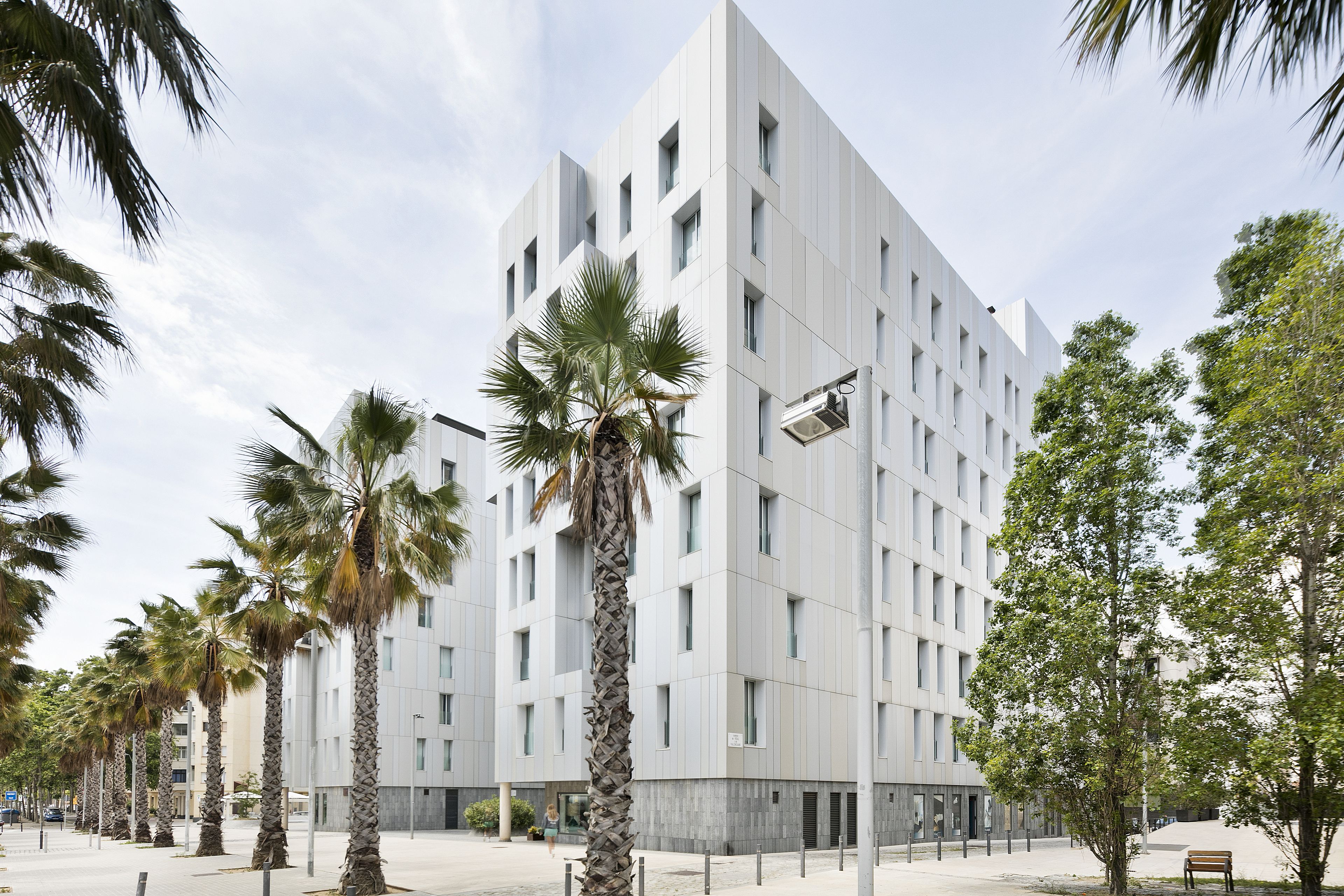 A modern building with a grid-like facade, surrounded by palm trees and a paved walkway.