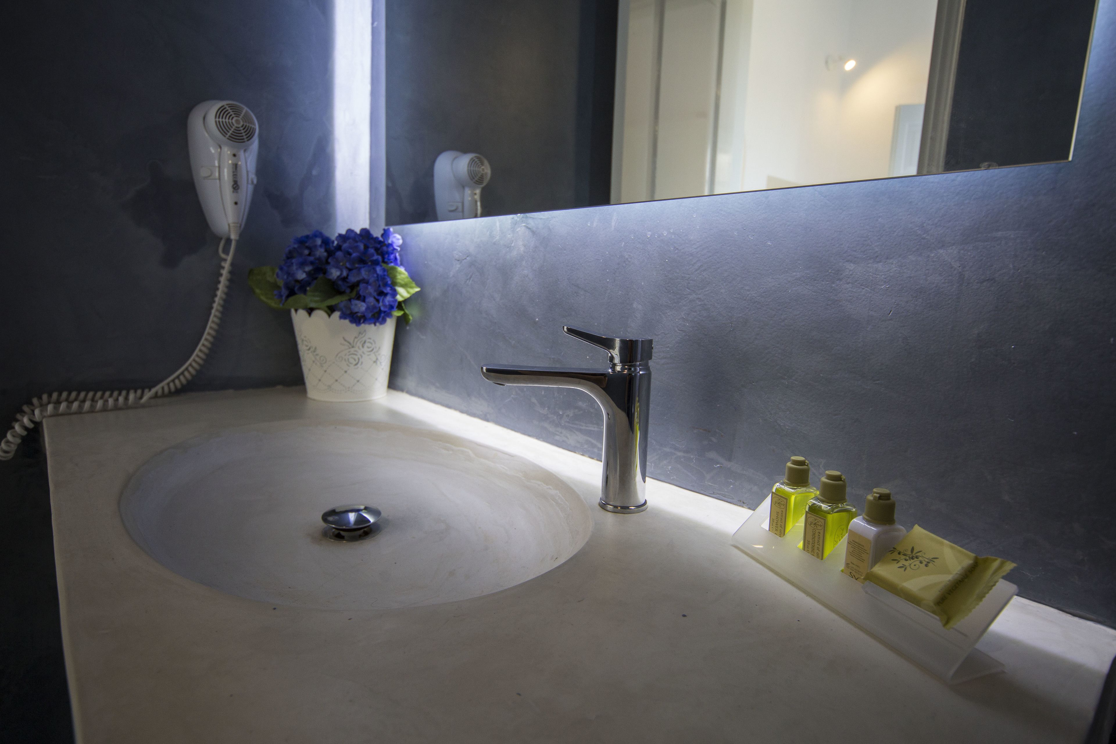 Un baño con lavamanos blanco, un grifo moderno, un secador de pelo y un florero con flores azules.