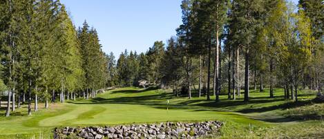 Un campo de golf con un estanque, árboles y un muro de piedra.