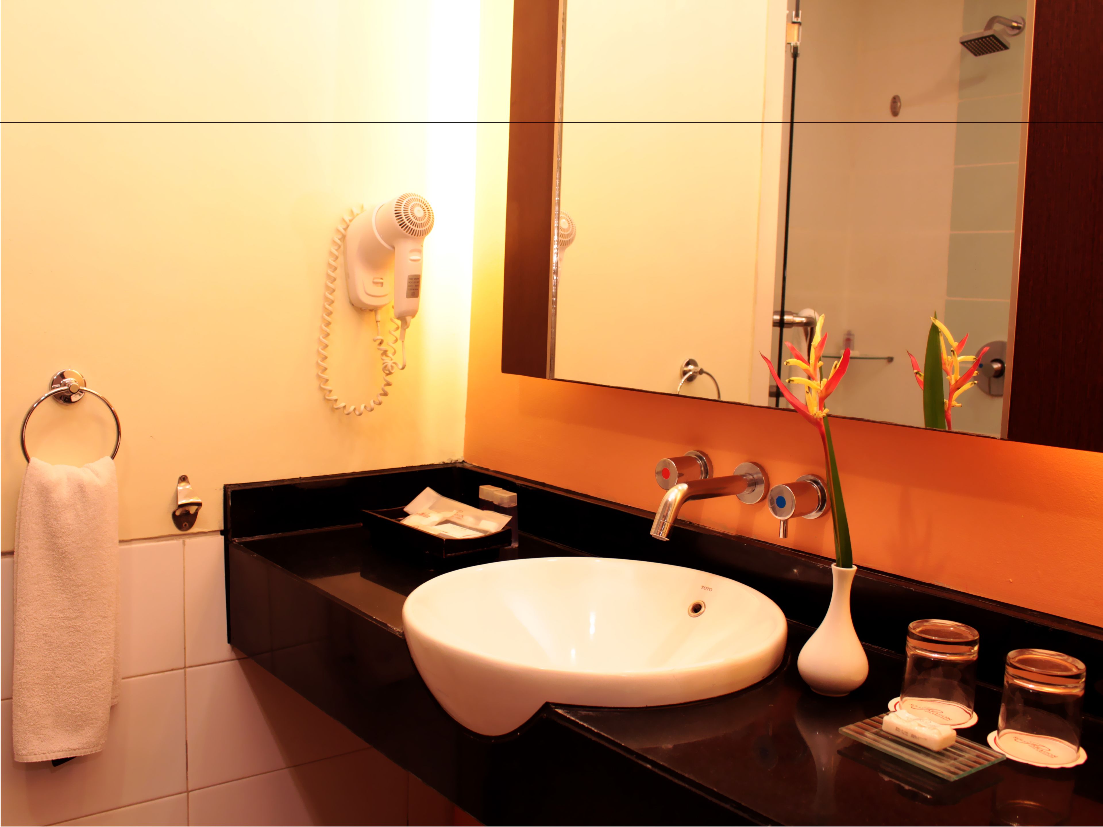 deluxe room | bathroom | shower, free toiletries, hair dryer, slippers