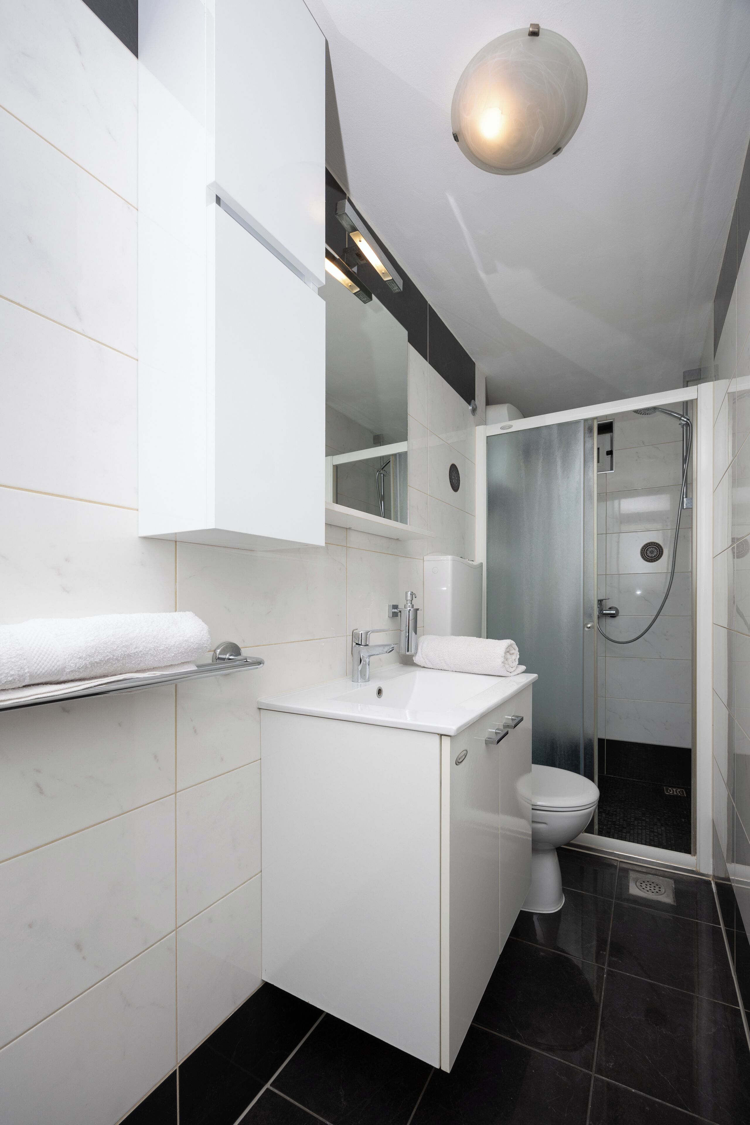 Een moderne badkamer met een witte wastafel, toilet en een douche met glazen wanden.