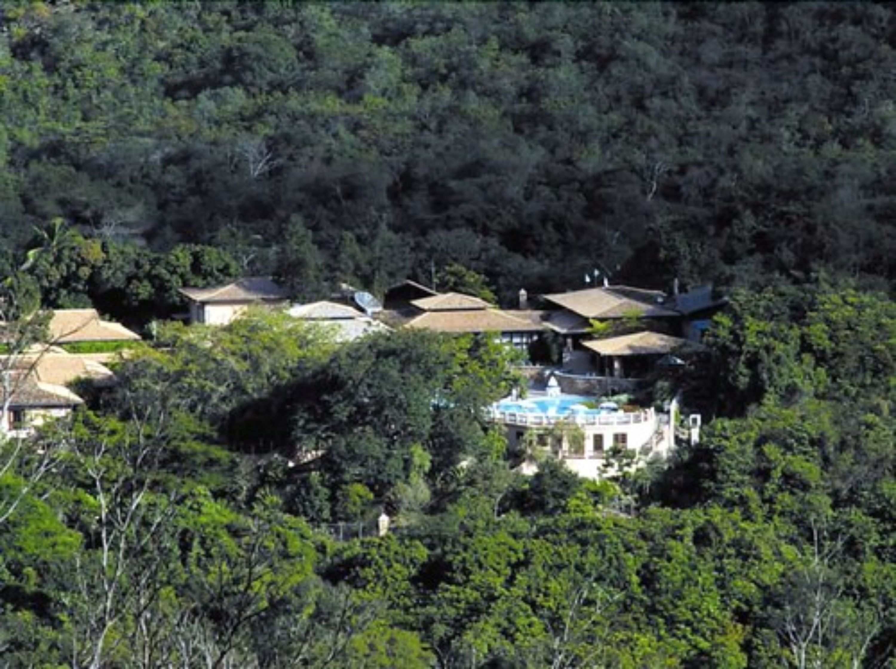 A cluster of houses surrounded by dense forest, with a visible swimming pool.