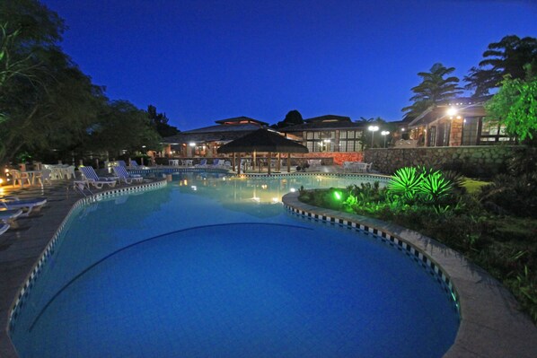 Outdoor pool, pool umbrellas, pool loungers
