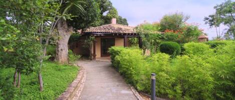 A pathway leading to a building with a tiled roof, surrounded by lush greenery and trees.