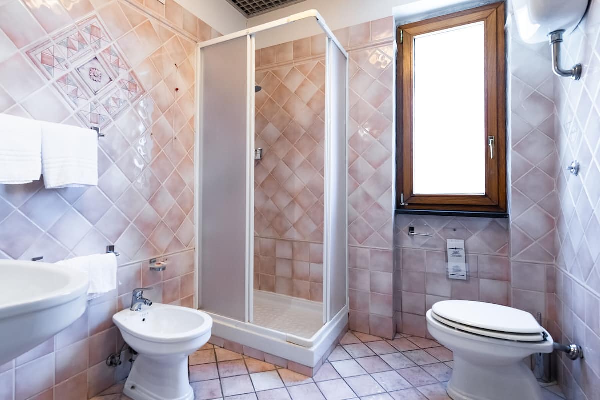 standard double or twin room | bathroom | shower, free toiletries, hair dryer, slippers