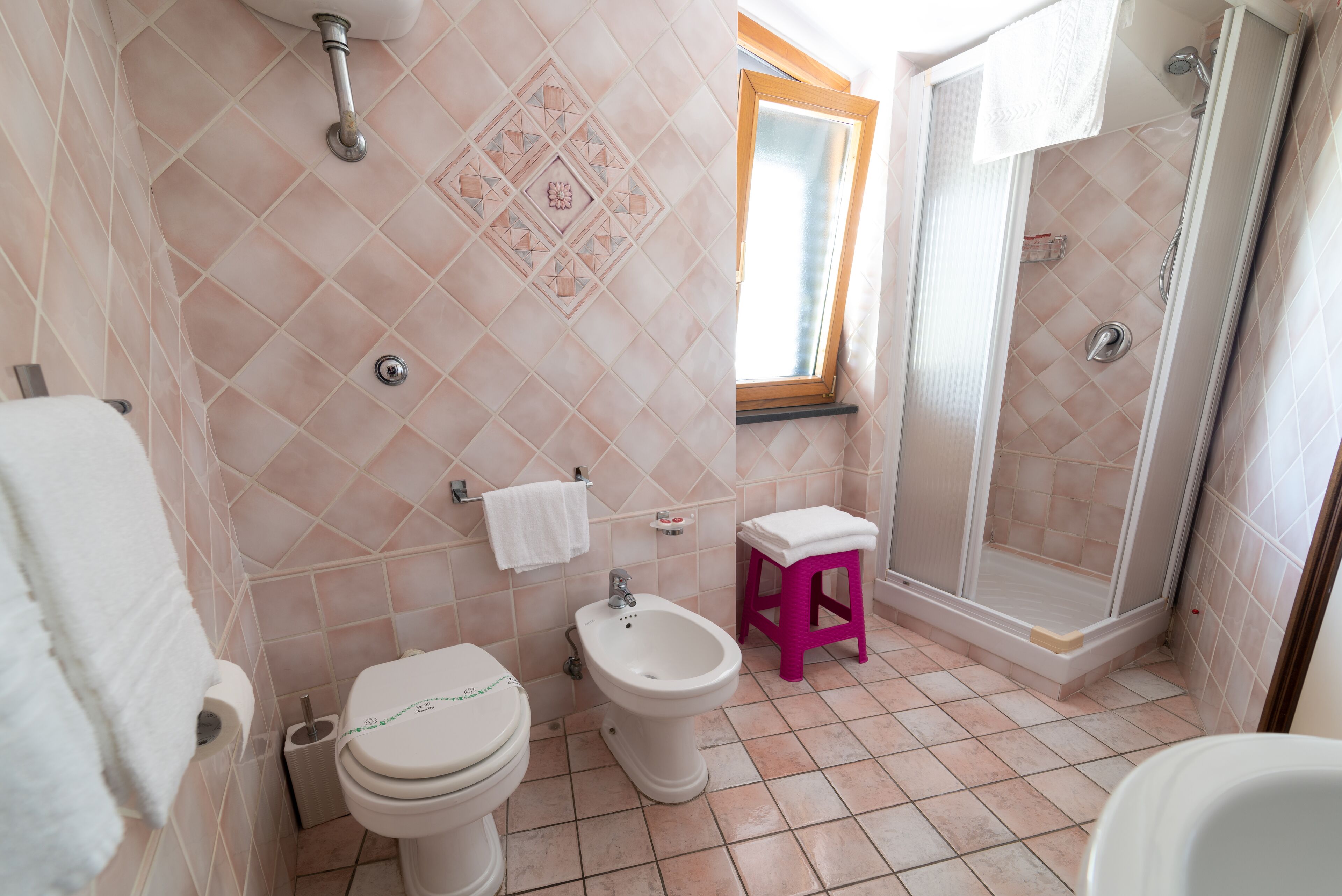 A bathroom with a toilet, bidet, and shower stall.