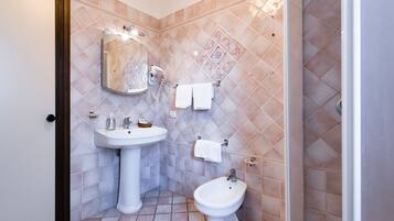 A bathroom with a sink, bidet, and mirror.