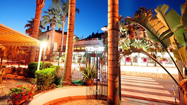 A hotel entrance with palm trees, a gated entrance, and a street view.