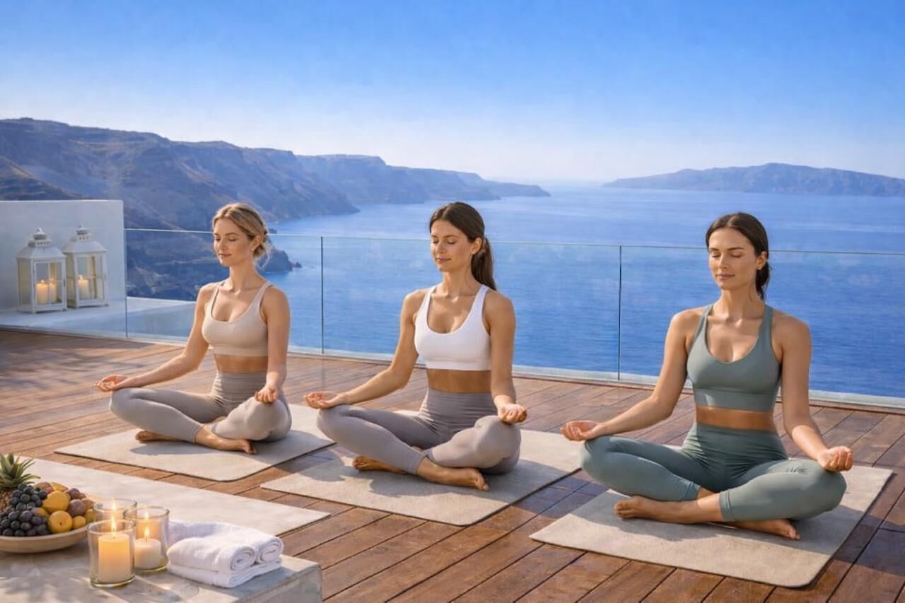 Three individuals meditating on a wooden deck with a scenic ocean view.
