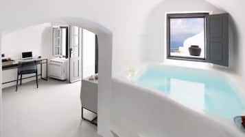 Caldera Cave Suite Sea View & Caldera View | Pillowtop beds, minibar, in-room safe, soundproofing