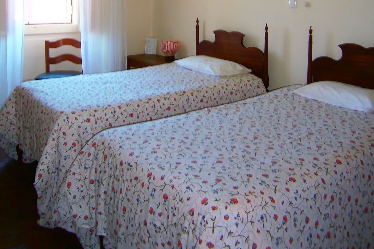 A room with two beds, a wooden chair, a bedside table, a framed picture, and a hanging light fixture.