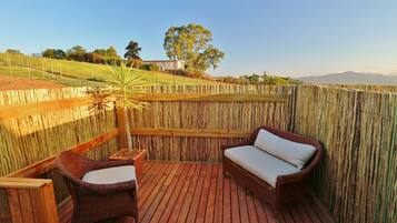 A deck with wicker furniture and a potted plant.