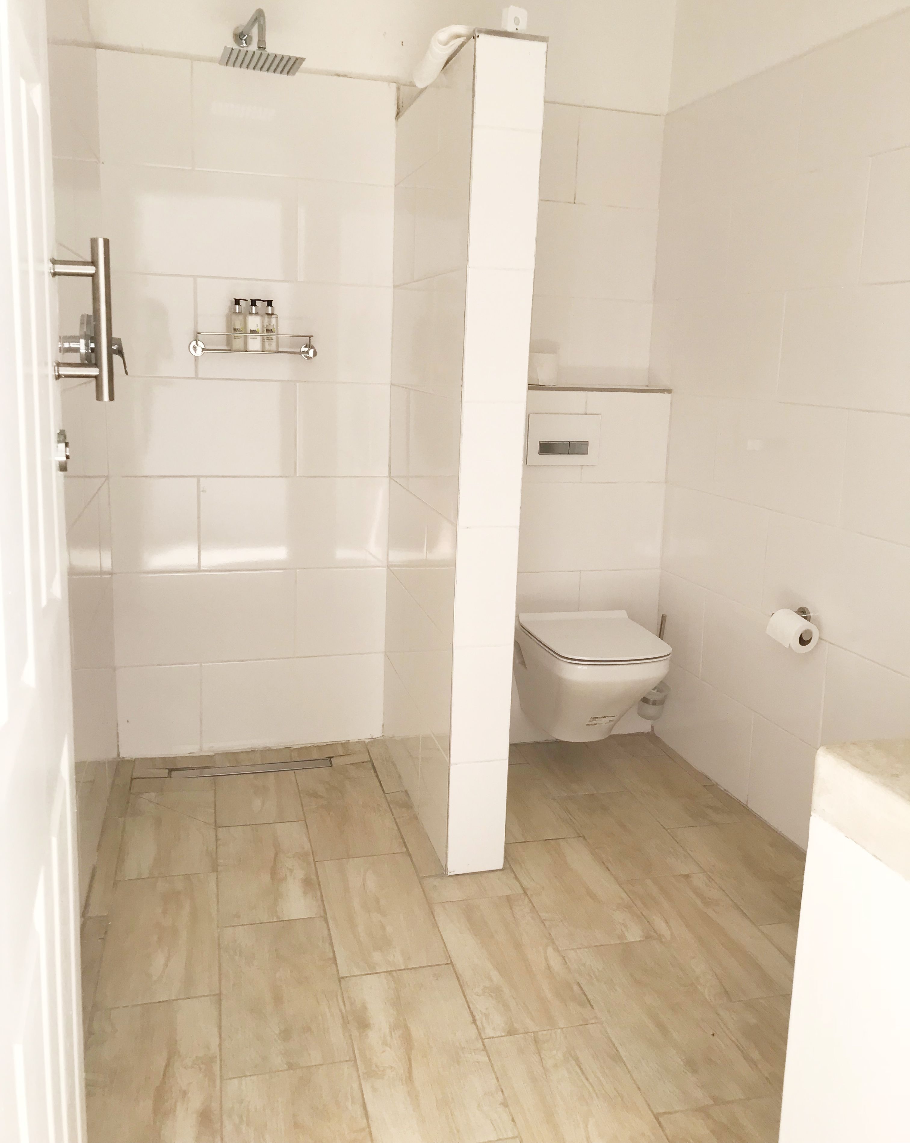 A bathroom with a shower, toilet, and a shelf with toiletries.