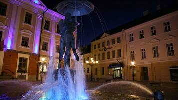 A statue of a person holding an umbrella in front of a building with a sign that reads "Hotel Brodov".