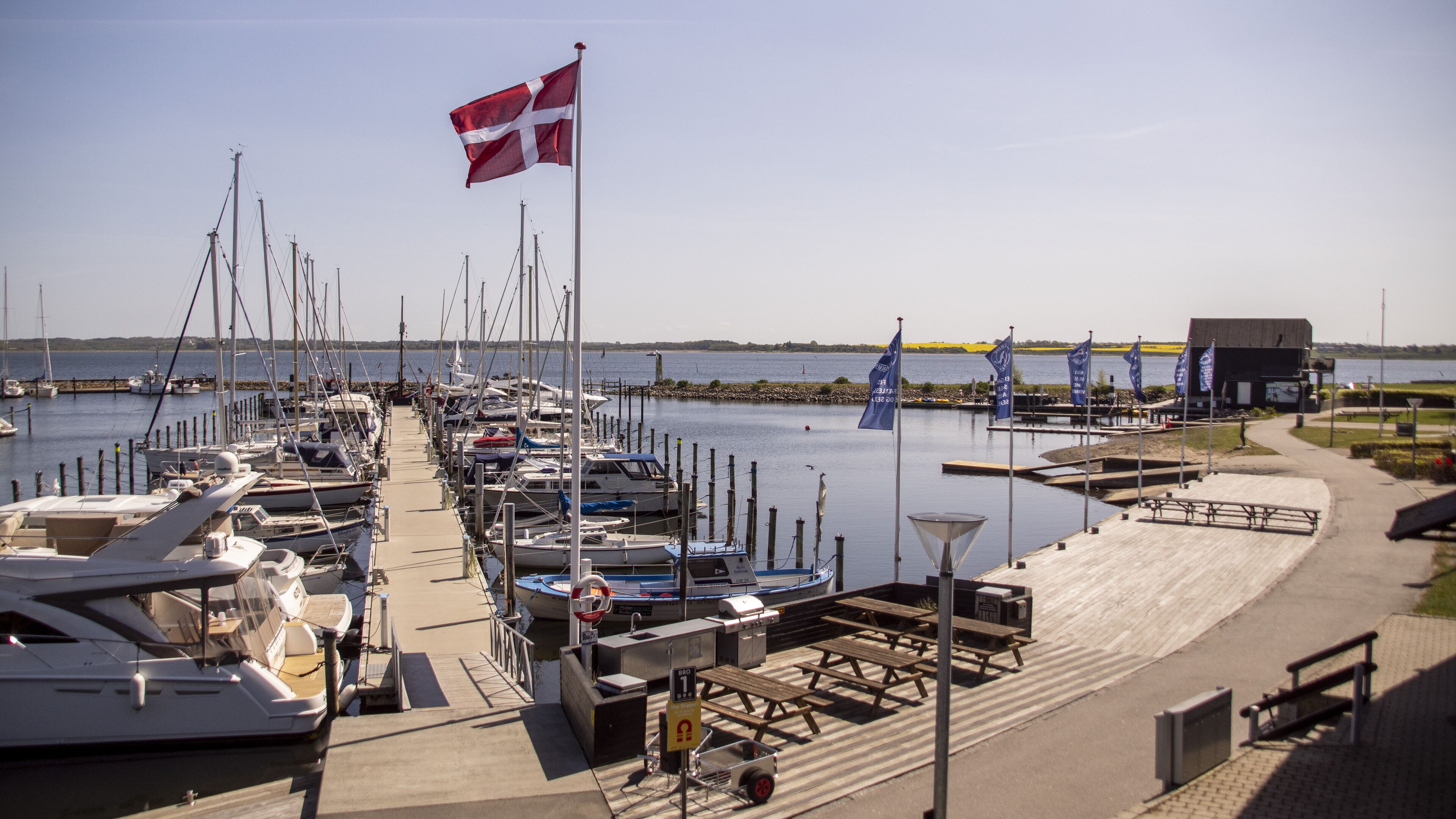 A marina with boats docked, a flagpole with a flag, and a building with outdoor seating.