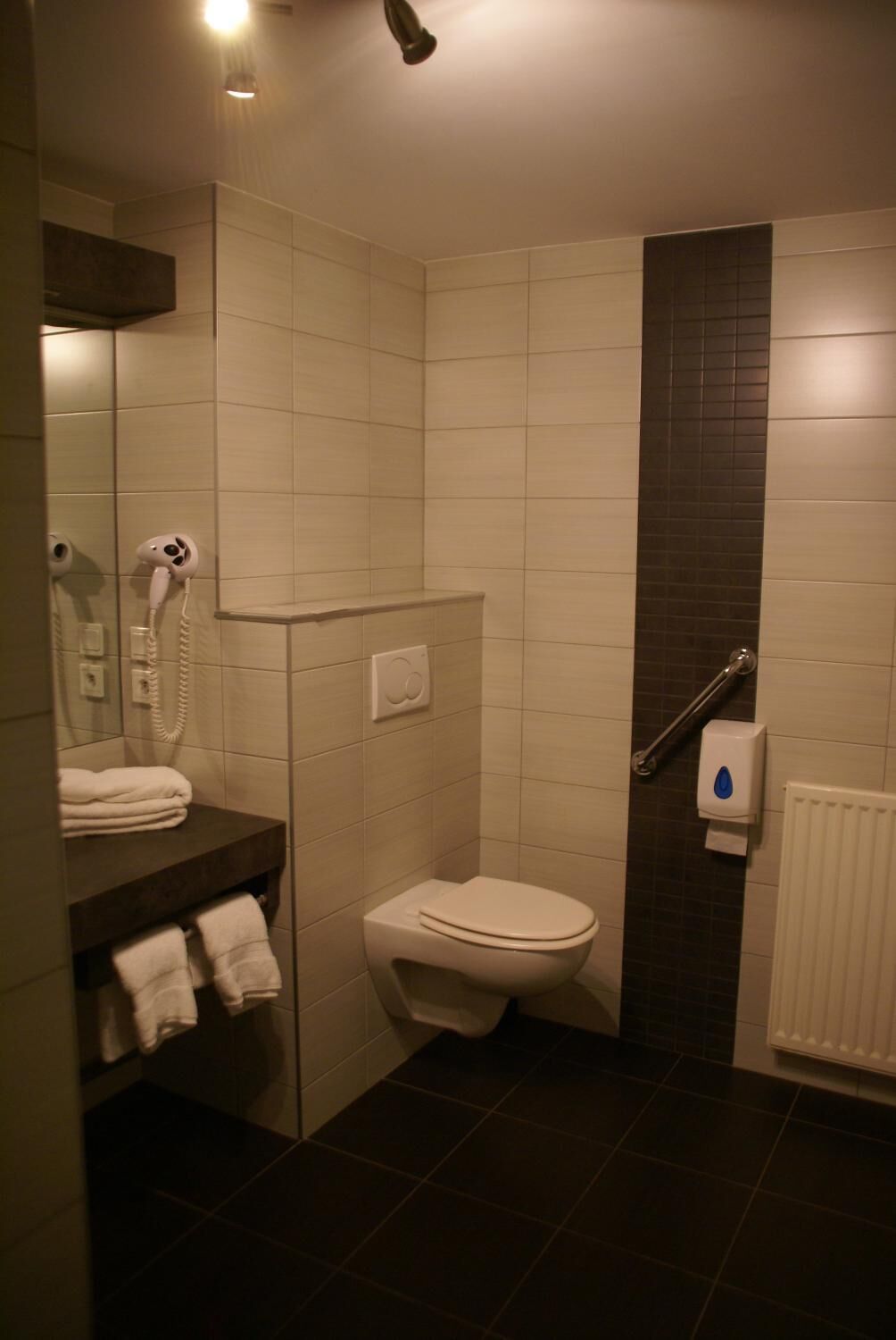 Une salle de bain moderne équipée de toilettes, d’un porte-serviettes, d’un sèche-cheveux et d’un sèche-mains.