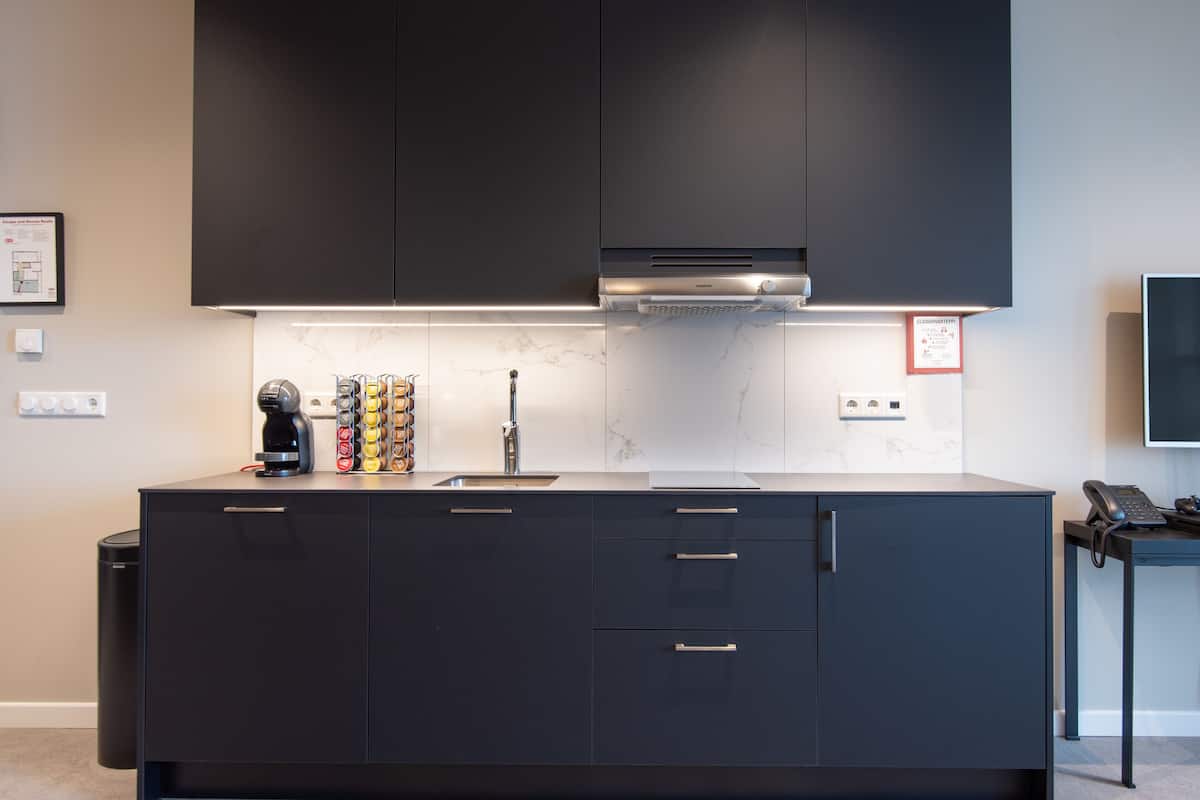 Fridge, microwave, stovetop, espresso maker