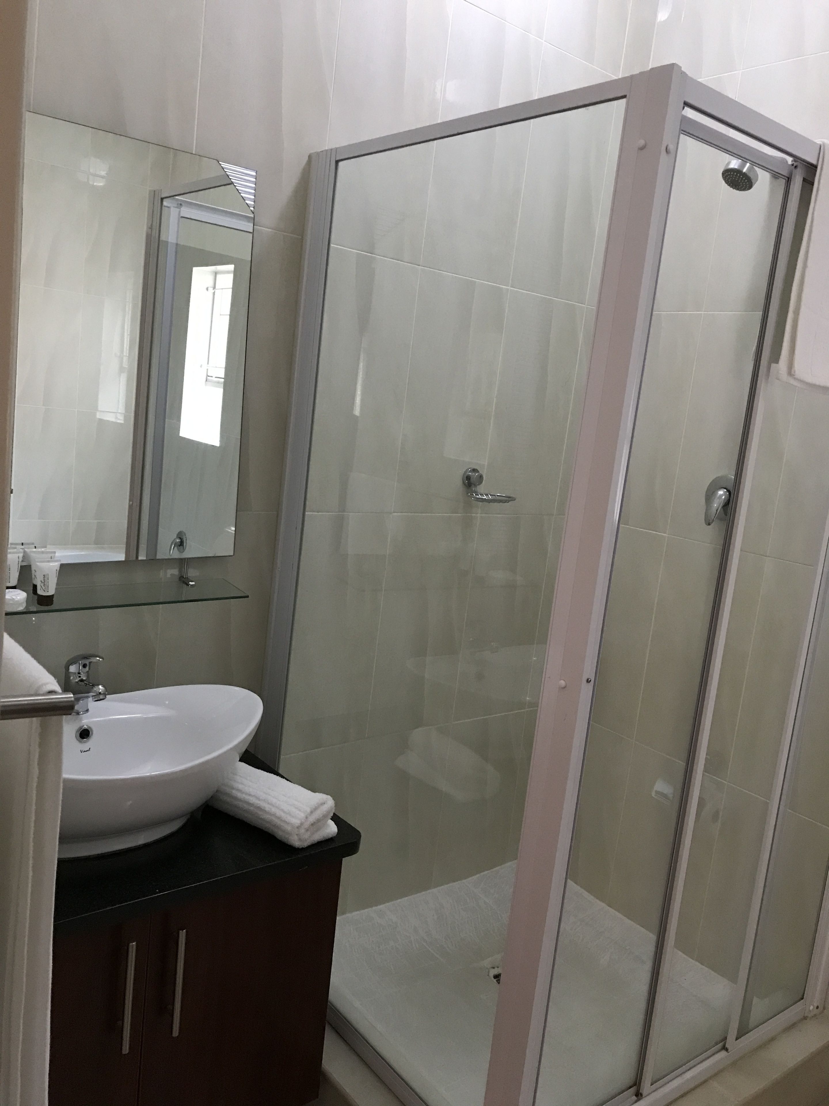 Separate bathtub and shower, towels