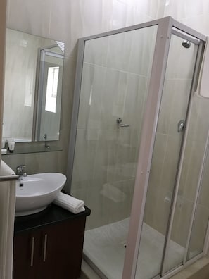 Separate tub and shower, towels