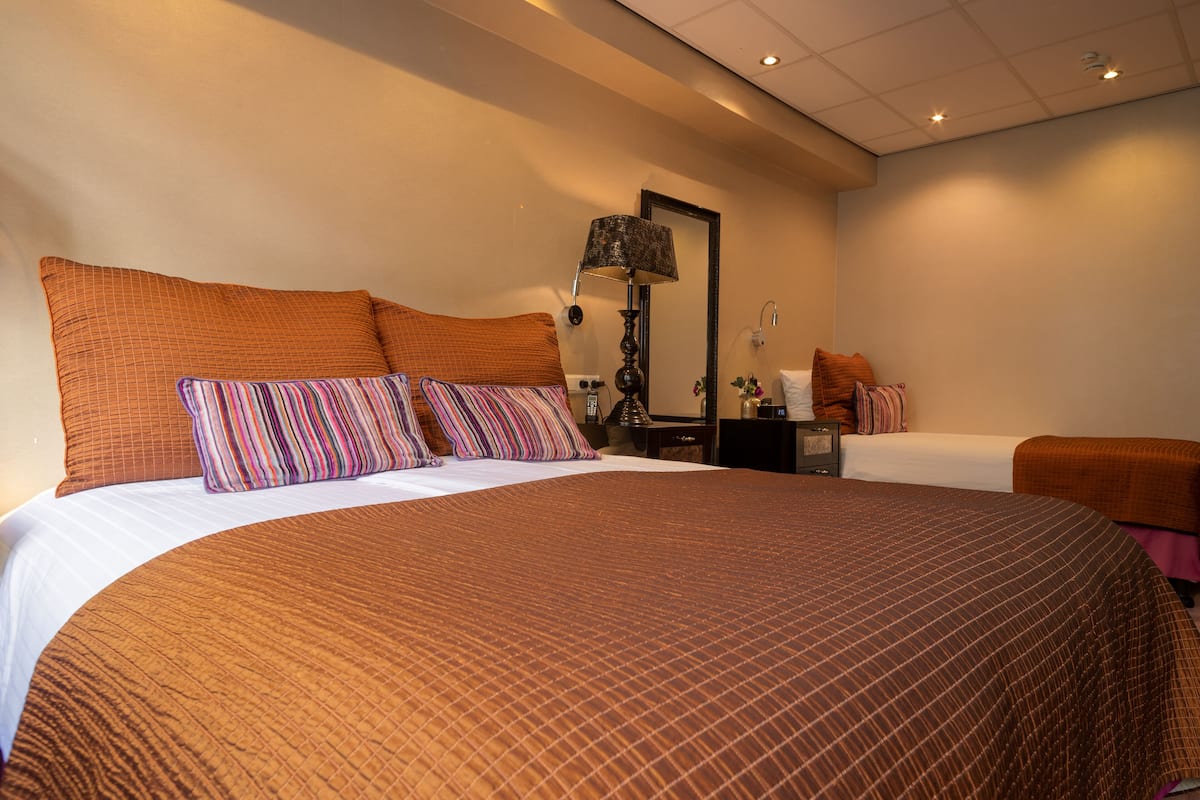 A large bed with multiple pillows, a bedside table, a lamp, and a mirror in a hotel room.