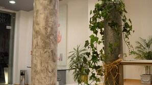 Une colonne de marbre, un escalier et un comptoir d’accueil agrémenté d’une plante.