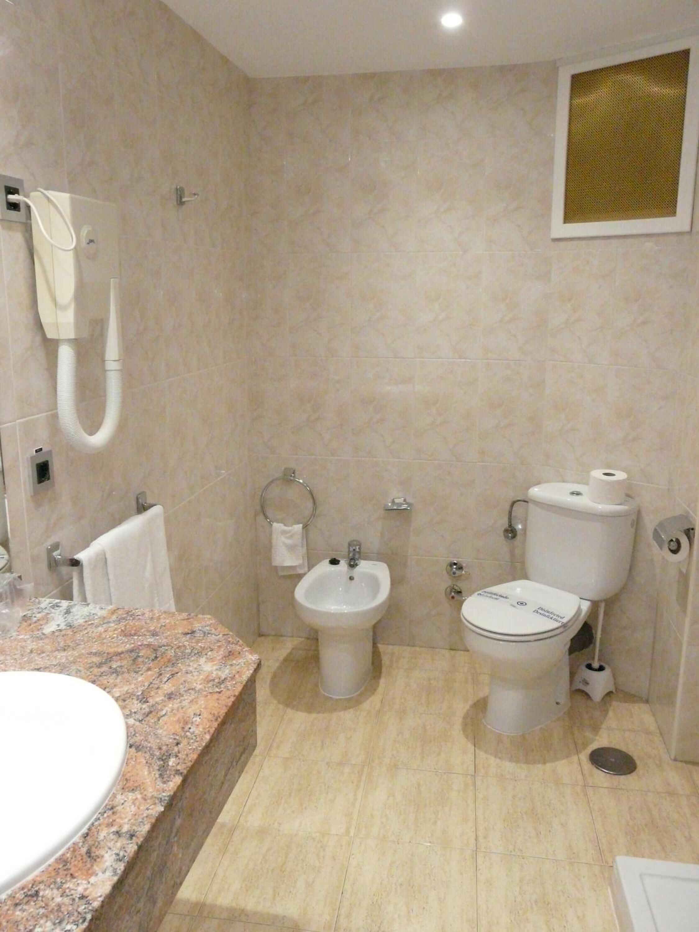 hair dryer, bidet, towels