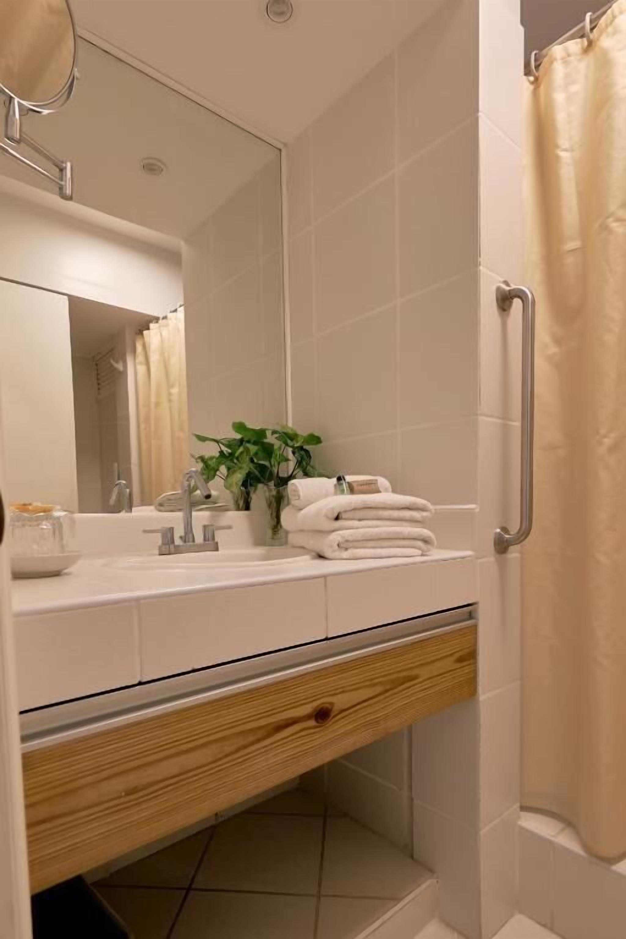 combined shower/bathtub, free toiletries, hair dryer, towels