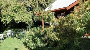 A garden with a wooden pergola, green chairs, and a building with a sloped roof. - Hostal Emalafquen (Pucon)